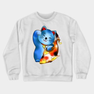 Right paw blue maneki neko lucky cat with fish Crewneck Sweatshirt